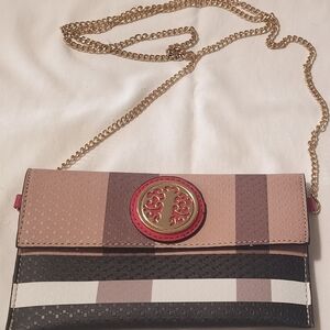 Small Faux Leather shoulder bag with gold chain tan black white & red